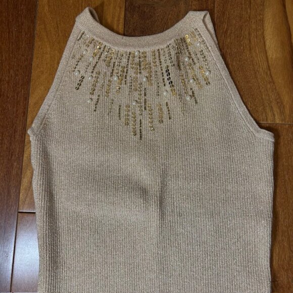 Cache Y2K Gold metallic sequin & pearl knit ribbed stretchy sweater - Picture 2 of 5